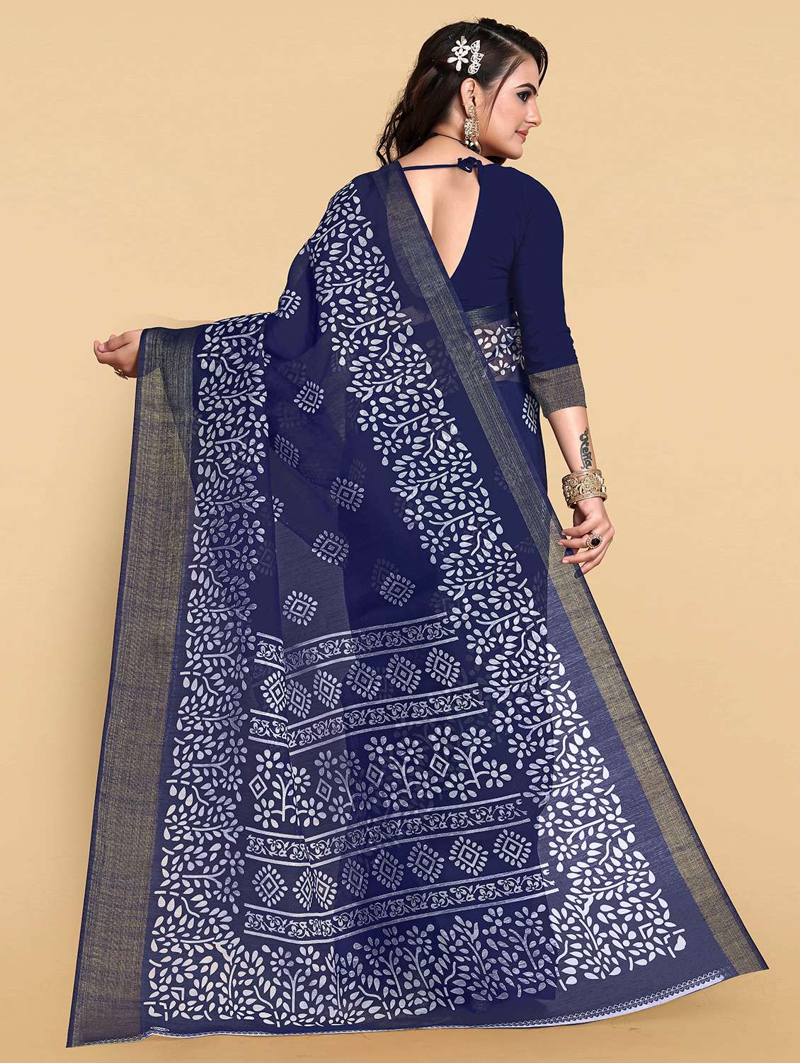 women's batik navy blue colored saree with blouse - 19672502 -  Standard Image - 1