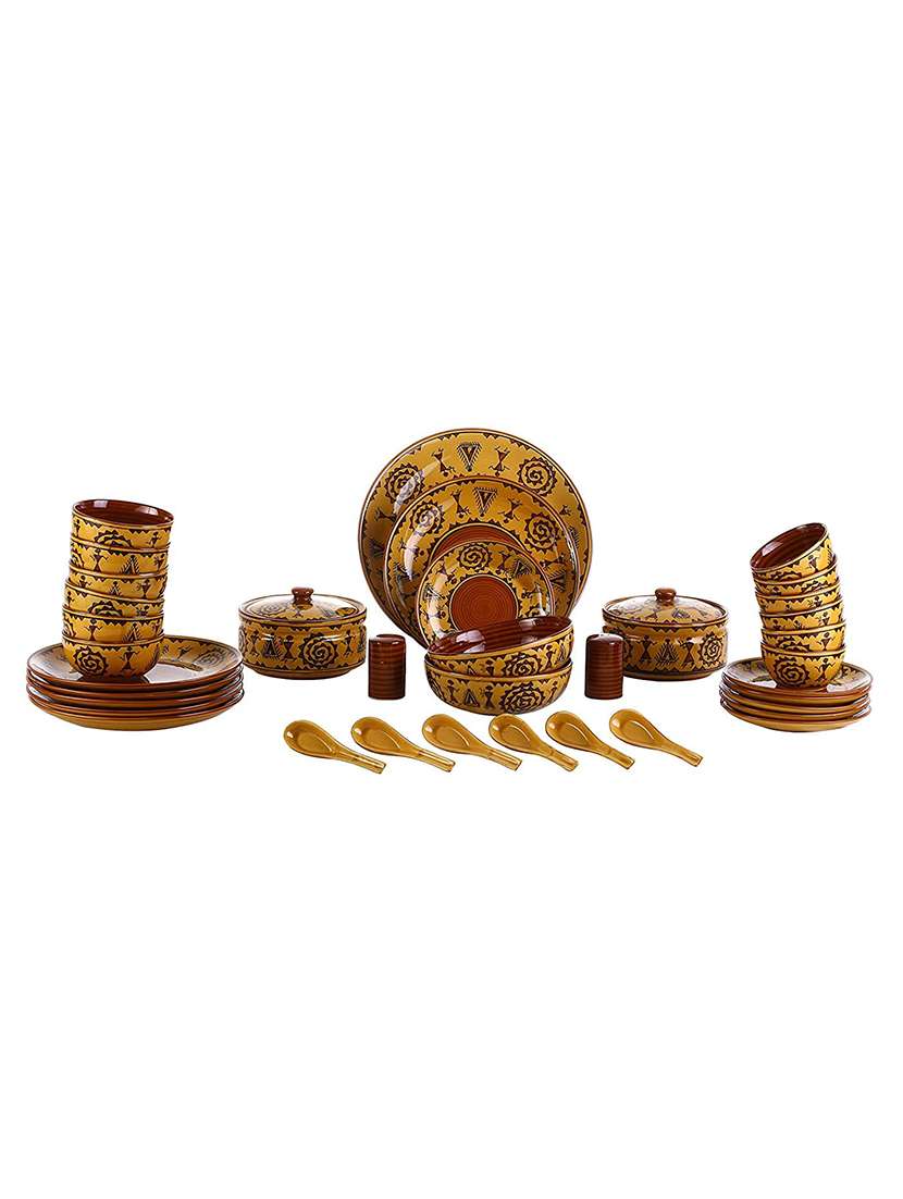 caffeine ceramic handmade mustard romani combo dinner set (37 pcs. microwave safe & dishwasher safe )