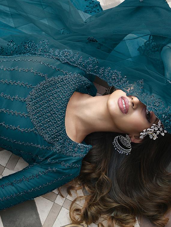 teal embroidered semi-stitched palazzo suit - 19684845 - Standard Image - 1