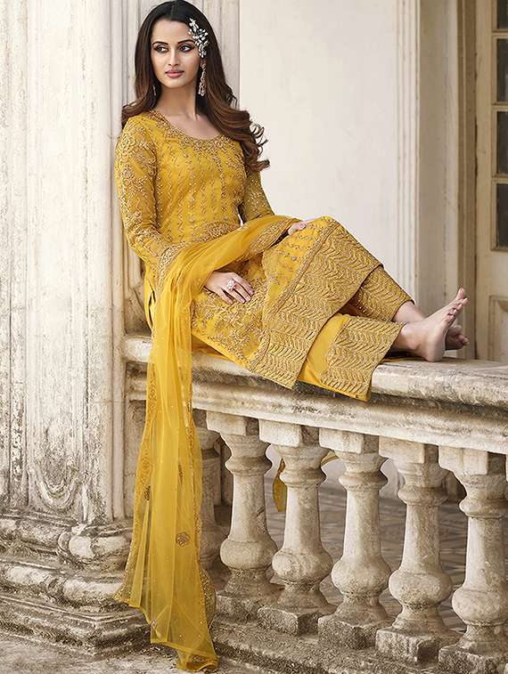 yellow embroidered semi-stitched palazzo suit - 19684846 - Standard Image - 1