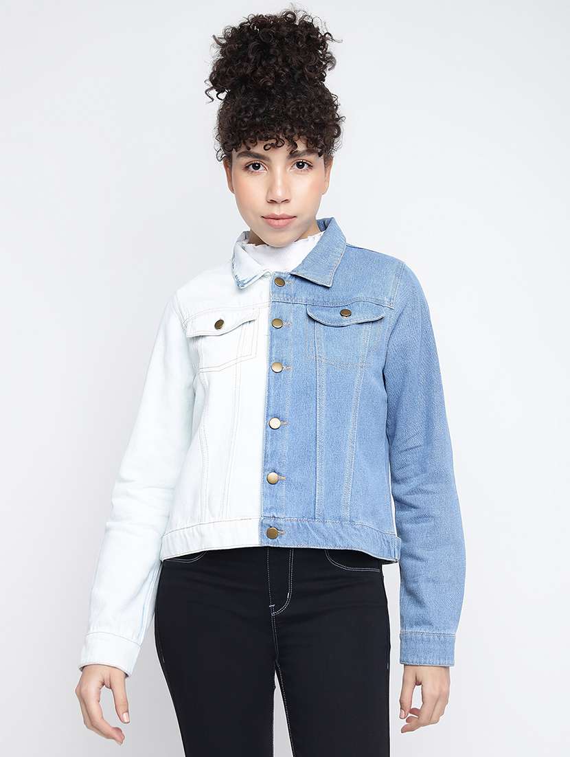 multi colored color block denim jacket