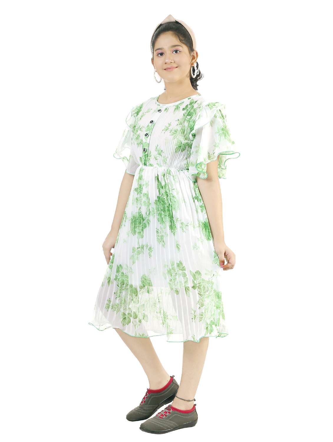 girls round neck flared sleeve frock - 19685610 -  Standard Image - 1