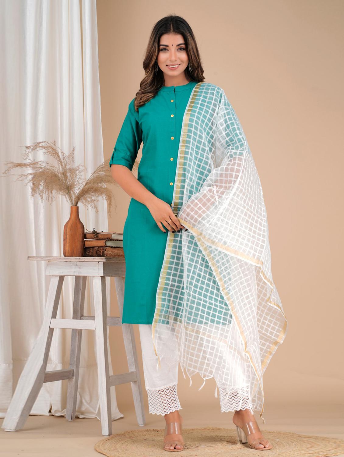 teal cotton solid kurta dupatta set - 19685648 - Standard Image - 1