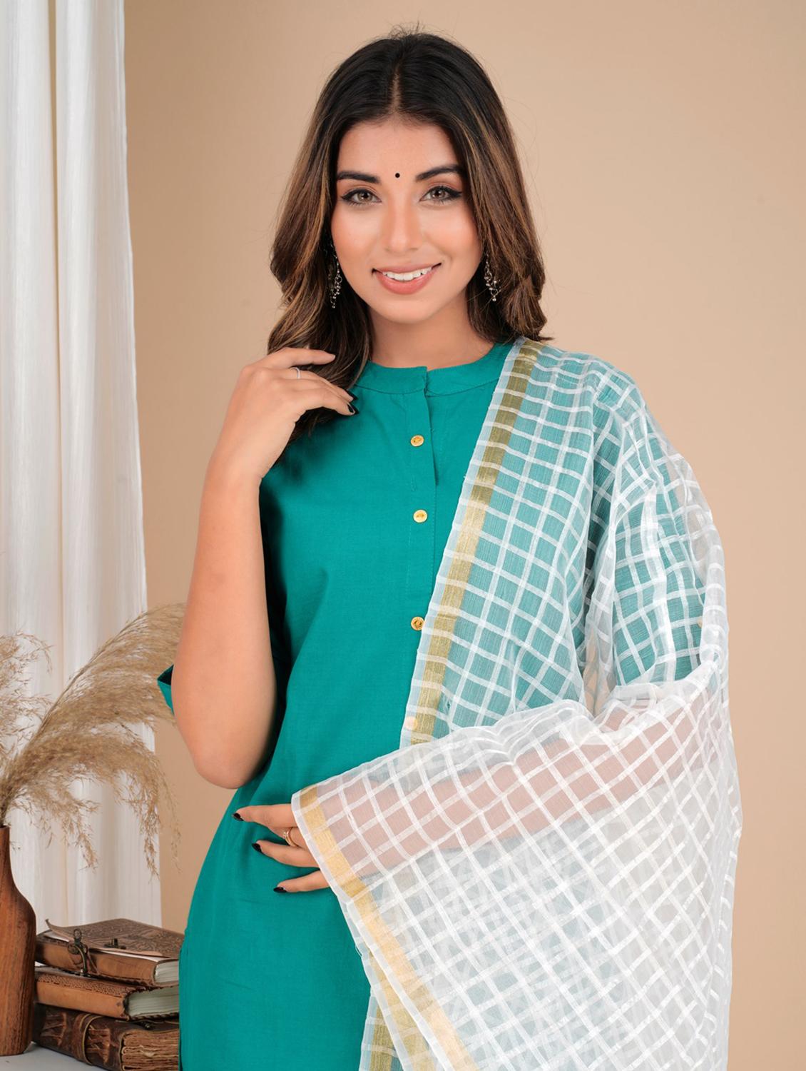 teal cotton solid kurta dupatta set - 19685648 - Standard Image - 4