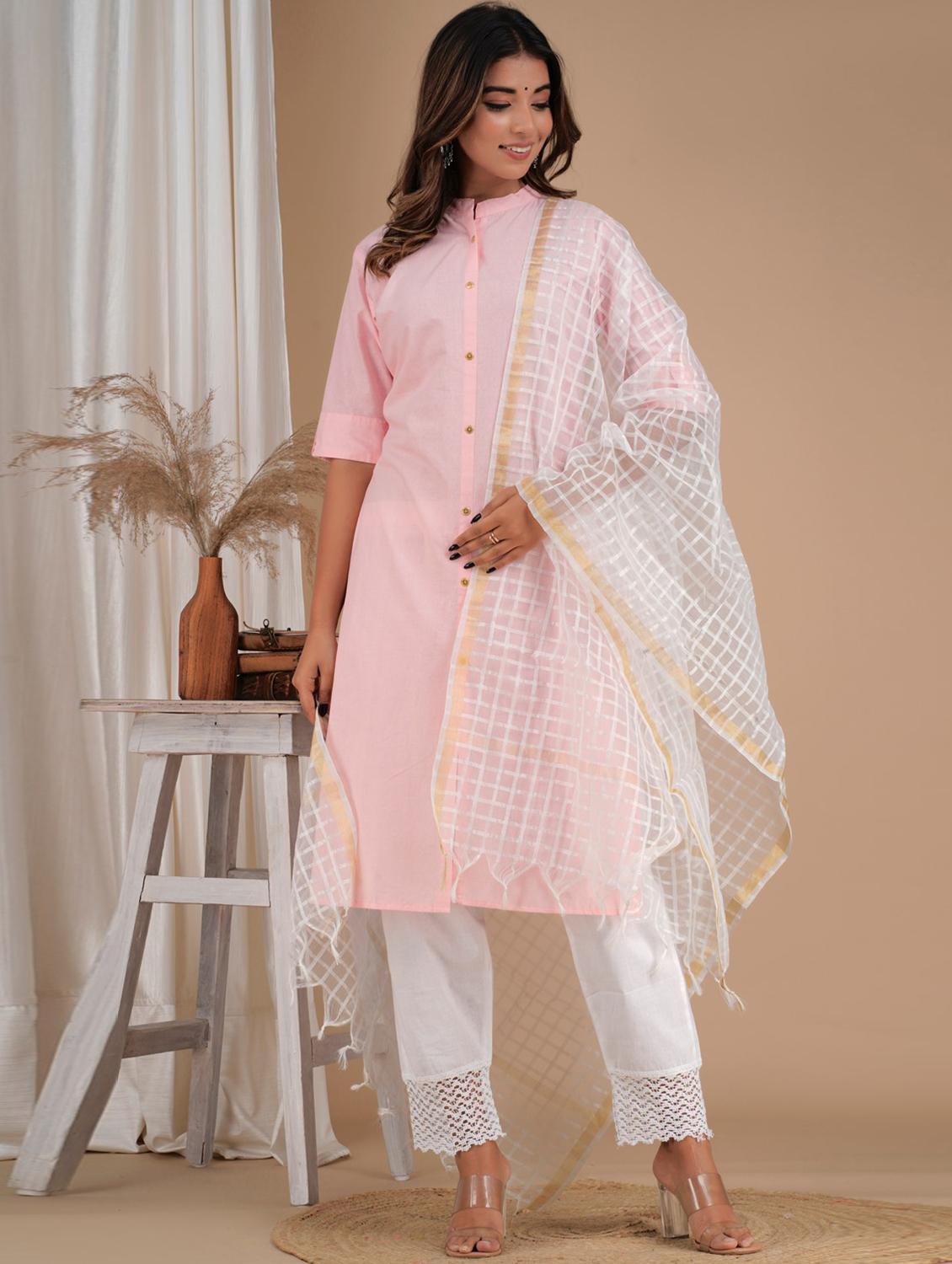 pink cotton solid kurta pant dupatta set - 19685653 - Standard Image - 1