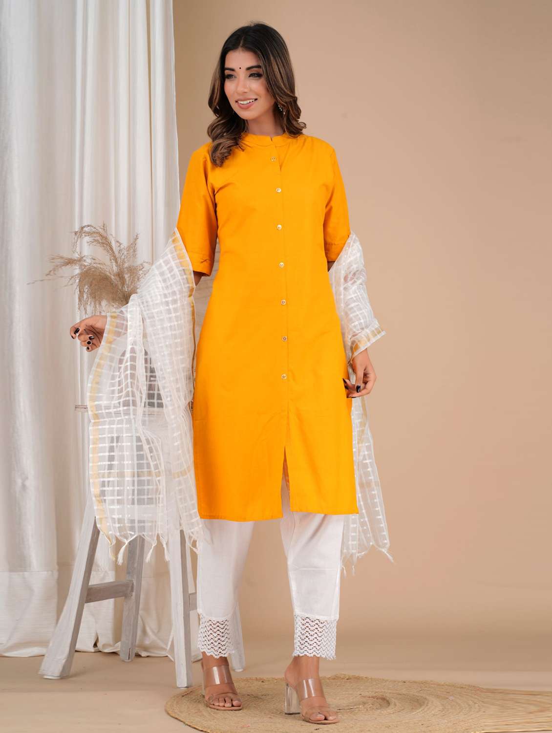 yellow cotton solid kurta dupatta set - 19685655 - Standard Image - 1