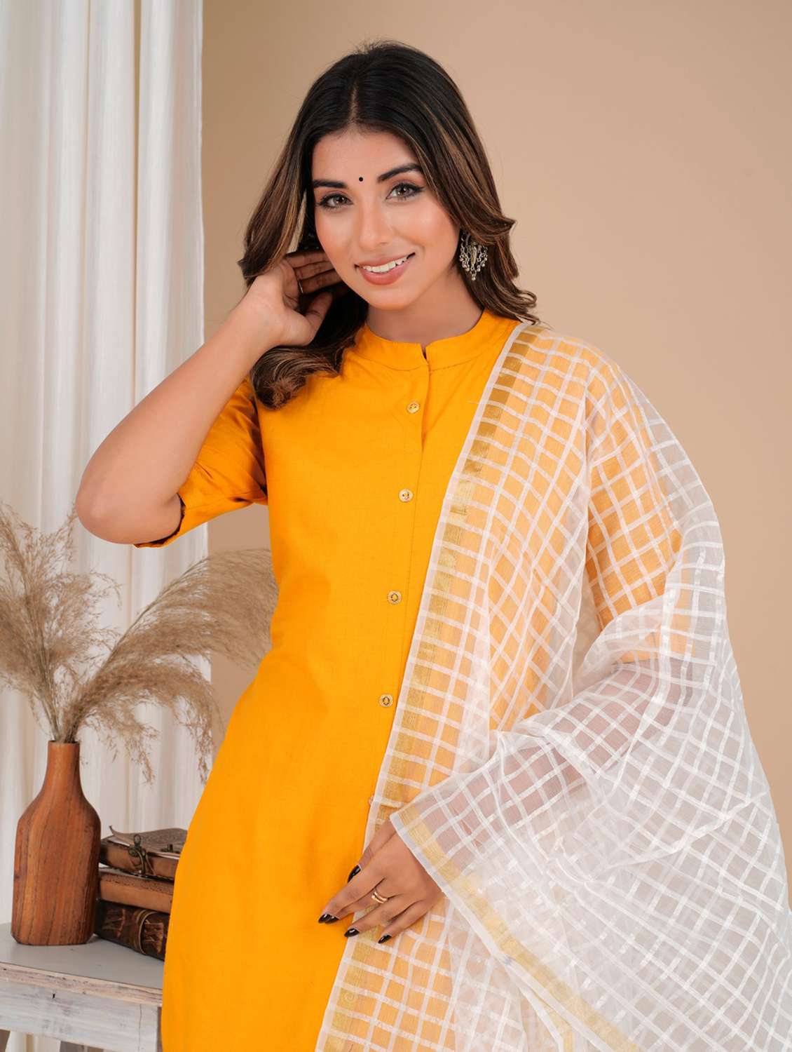 yellow cotton solid kurta dupatta set - 19685655 - Standard Image - 4