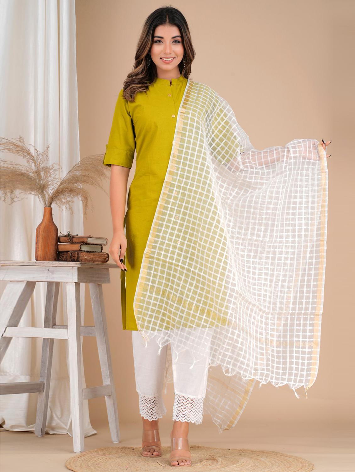 green cotton solid kurta dupatta set - 19685656 - Standard Image - 1