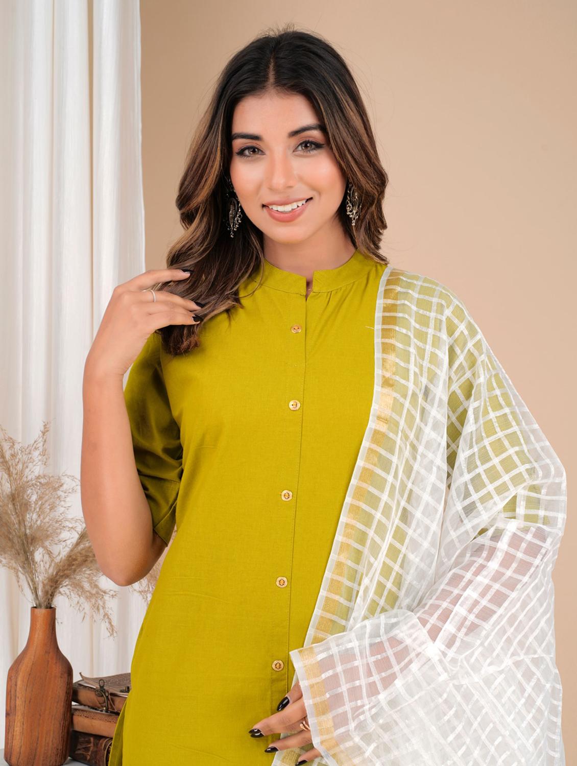 green cotton solid kurta dupatta set - 19685656 - Standard Image - 4