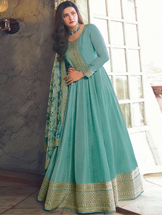 sky blue embroidered semi-stitched churidaar suits