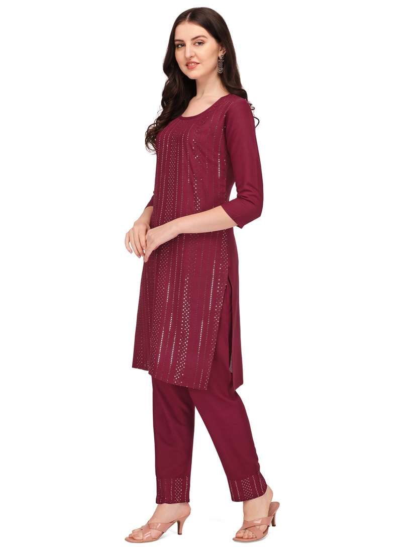 purple self design embroidered kurta pant set - 19690416 - Standard Image - 1