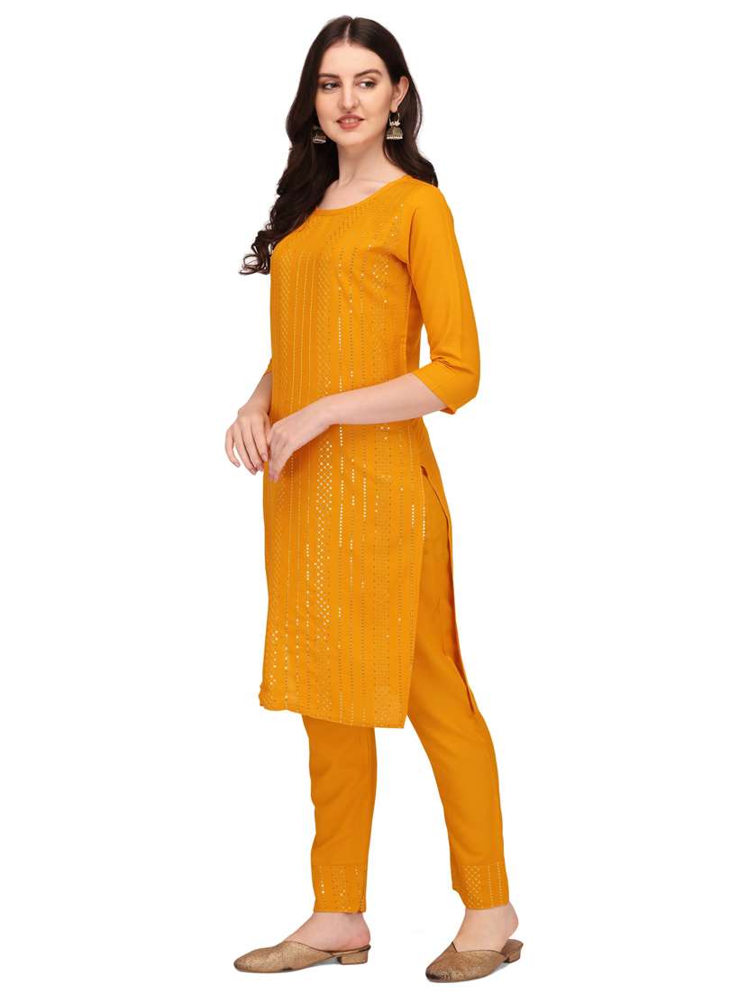yellow self design embroidered kurta pant set - 19690420 - Standard Image - 1