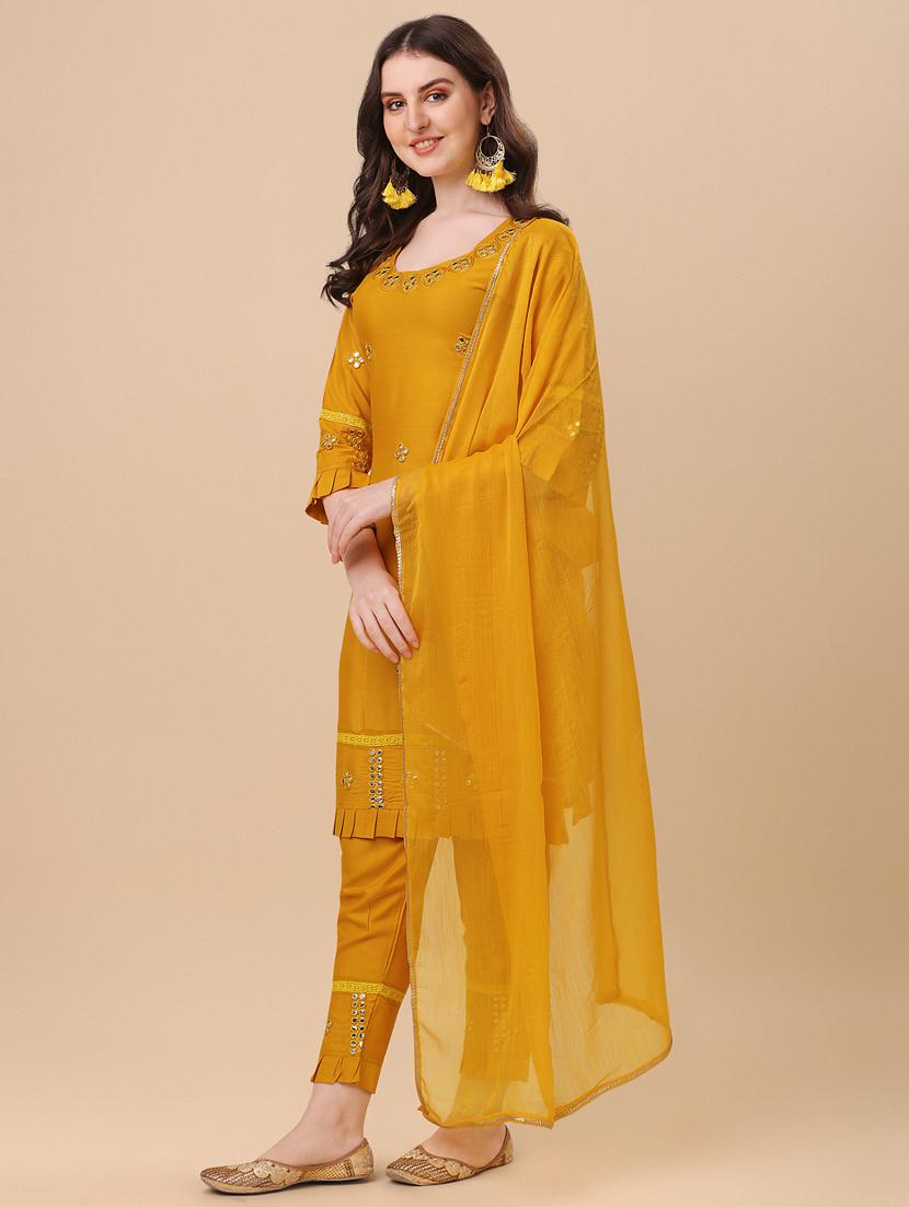 yellow self design embroidered suit set - 19690425 - Standard Image - 1