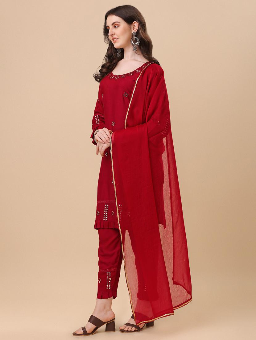 red self design embroidered suit set - 19690430 -  Standard Image - 1