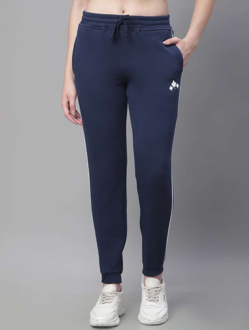 navy blue cotton blend taped track pant