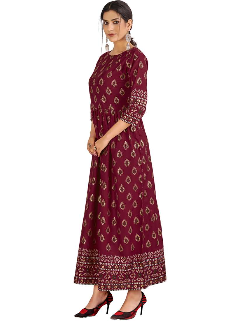 round neck printed a-line gown - 19693229 -  Standard Image - 1