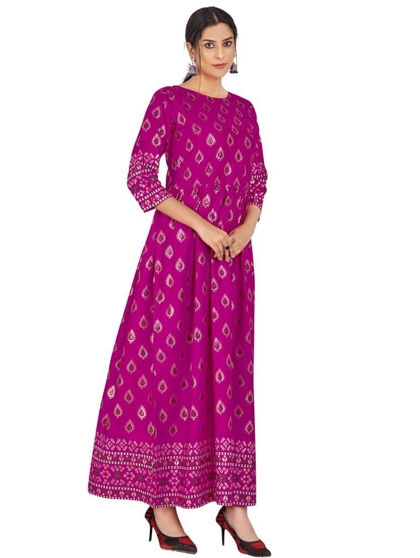 round neck printed a-line gown - 19693231 - Standard Image - 1