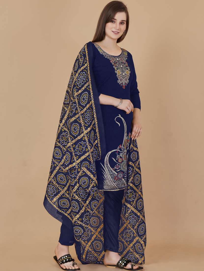 navy printed straight pant unstitched suit - 19693595 -  Standard Image - 1