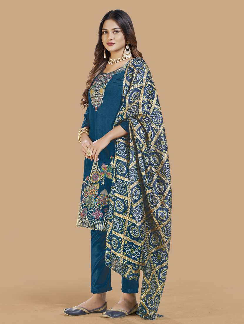 teal printed straight pant unstitched suit - 19693598 -  Standard Image - 1