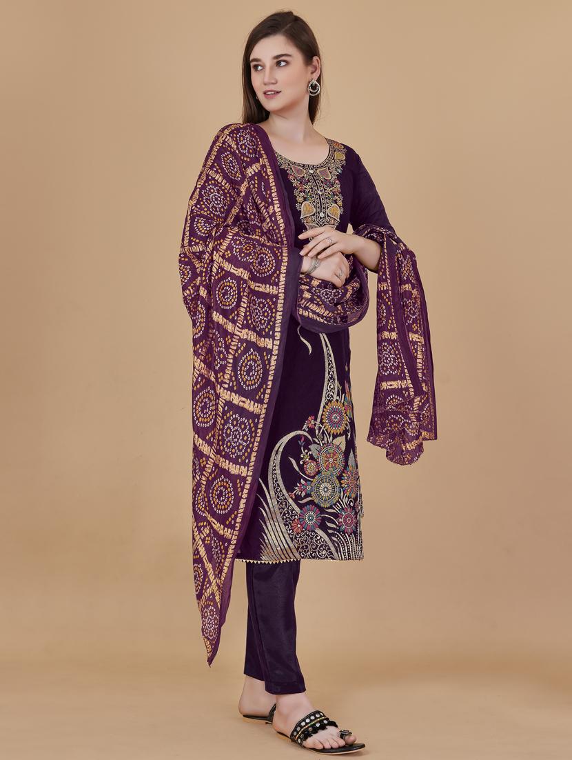 purple printed straight pant unstitched suit - 19693599 -  Standard Image - 1