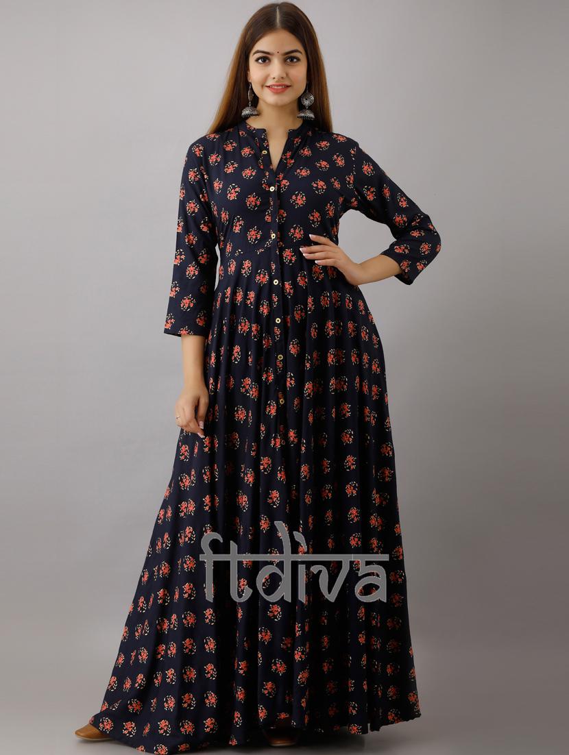 women mandarin collar printed flared kurta - 19693698 - Zoom Image - 0