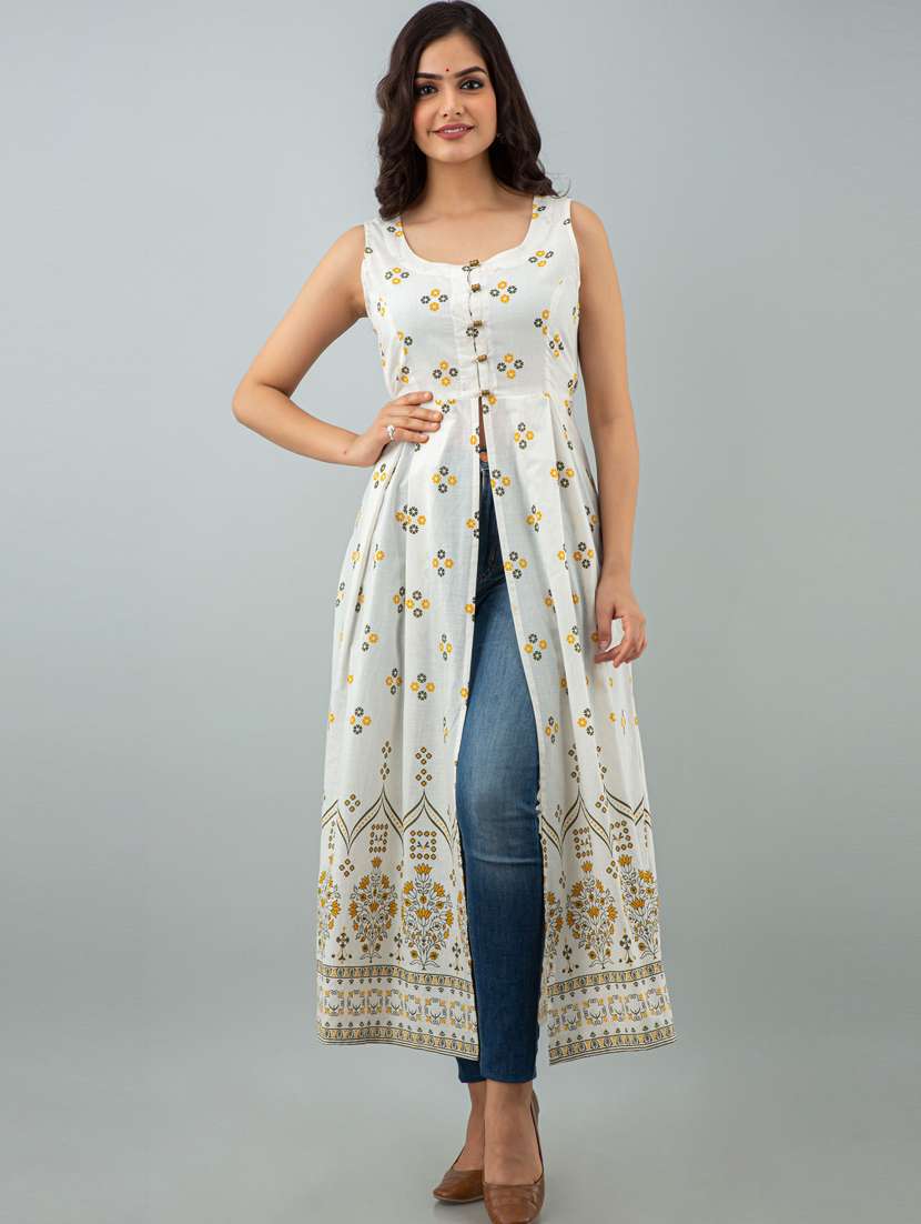 women boat neck printed front slit kurta 