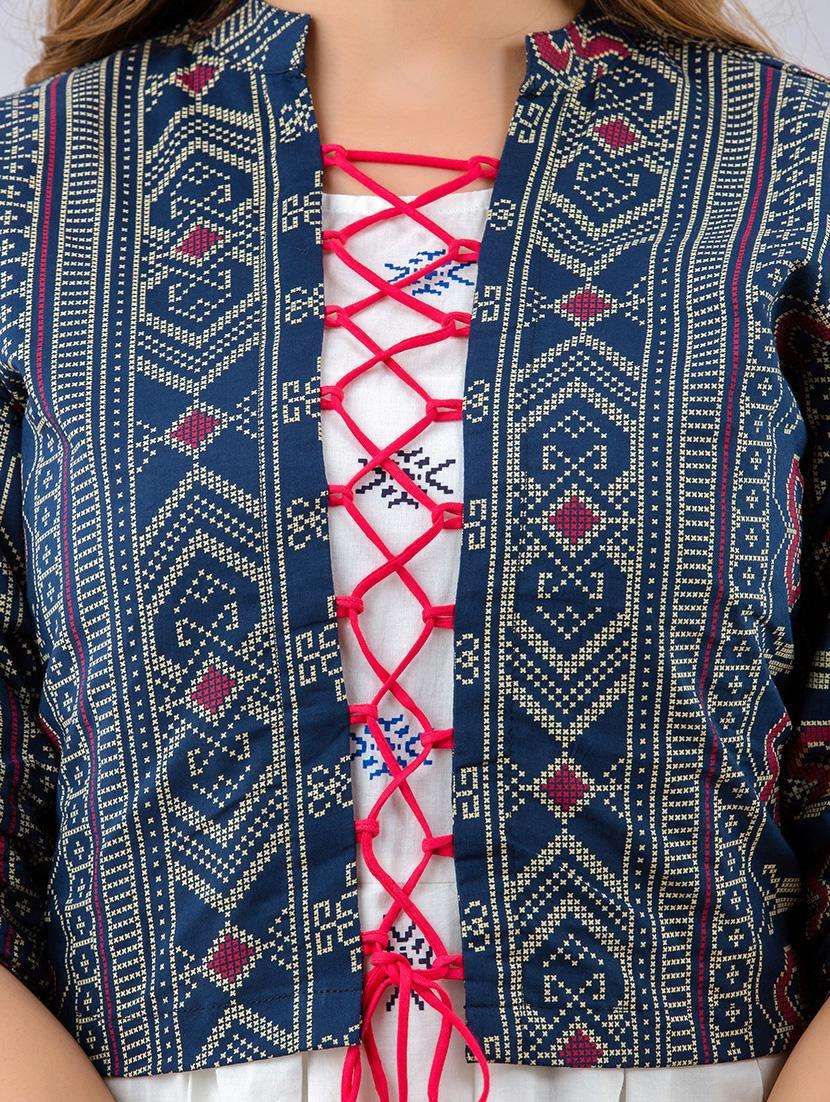 women boat neck printed flared kurta with jacket - 19693721 -  Standard Image - 1