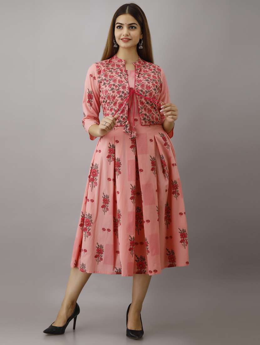 women boat neck printed flared kurta with jacket