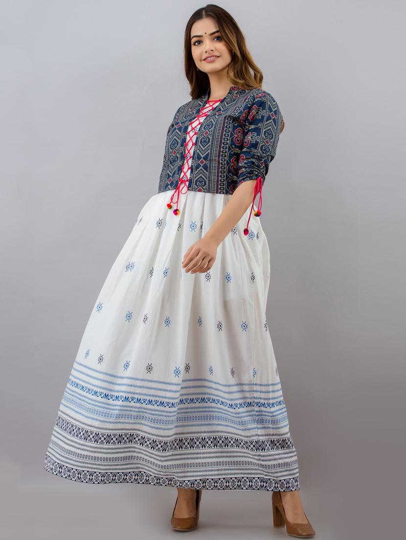 women boat neck printed flared kurta with jacket - 19693725 -  Zoom Image - 0