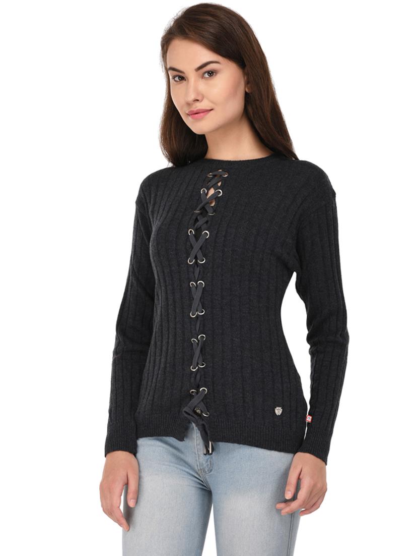 women criss cross charcoal self design pullover - 19694786 - Standard Image - 1