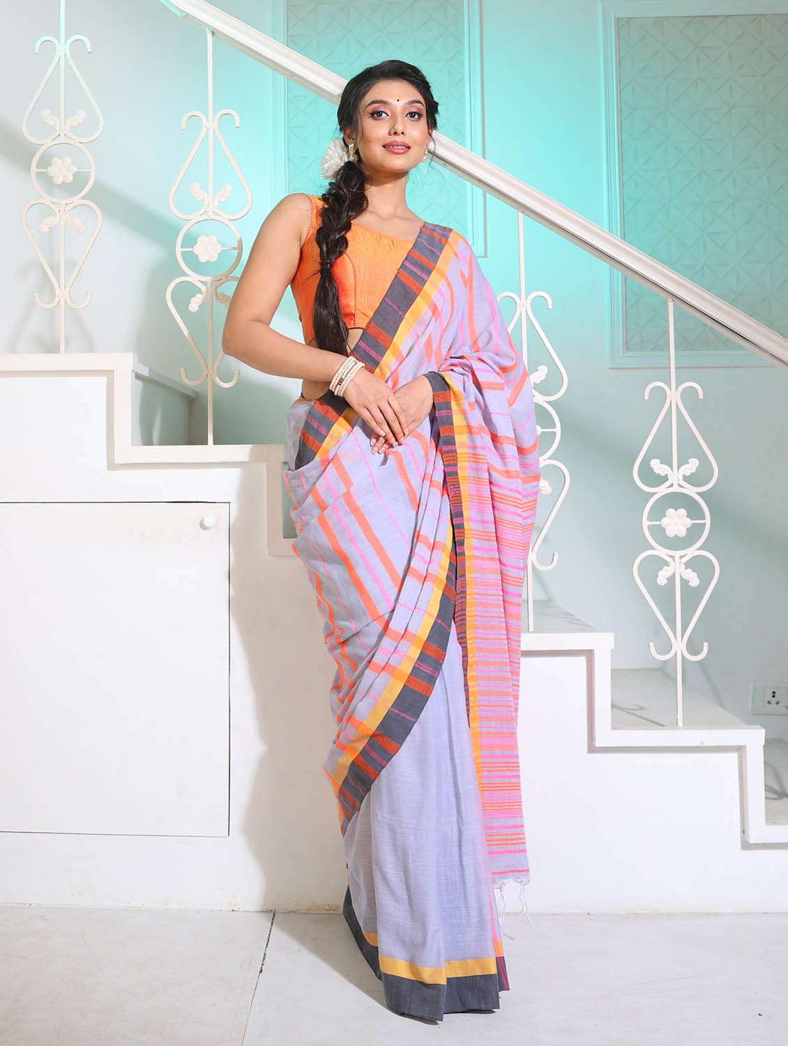 women's self design grey colored saree with blouse