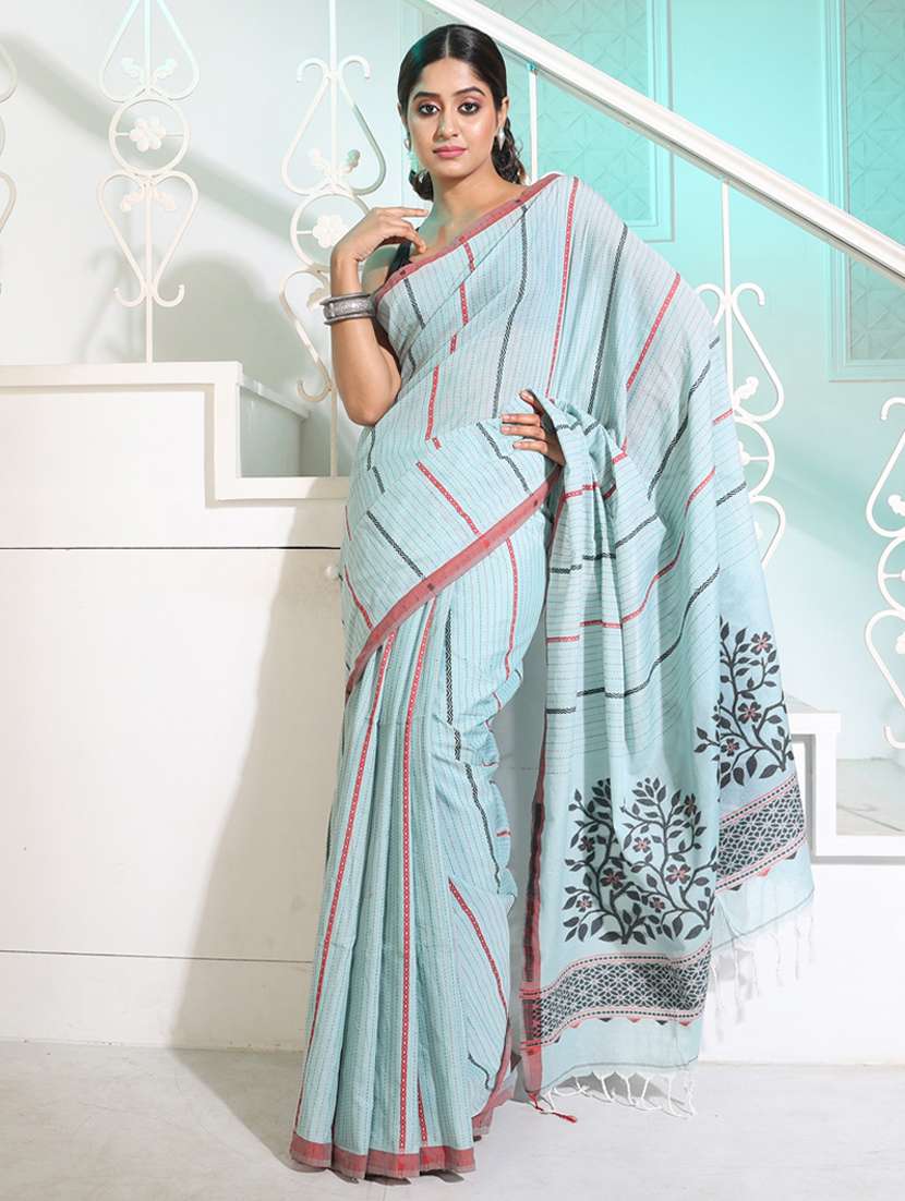 women's stripes blue colored saree with blouse