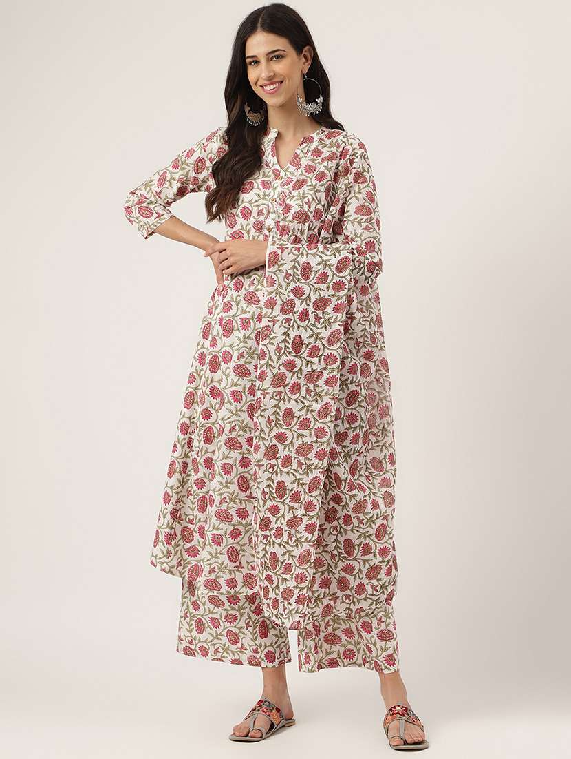 women three quarter sleeve kurta palazzo with dupatta set