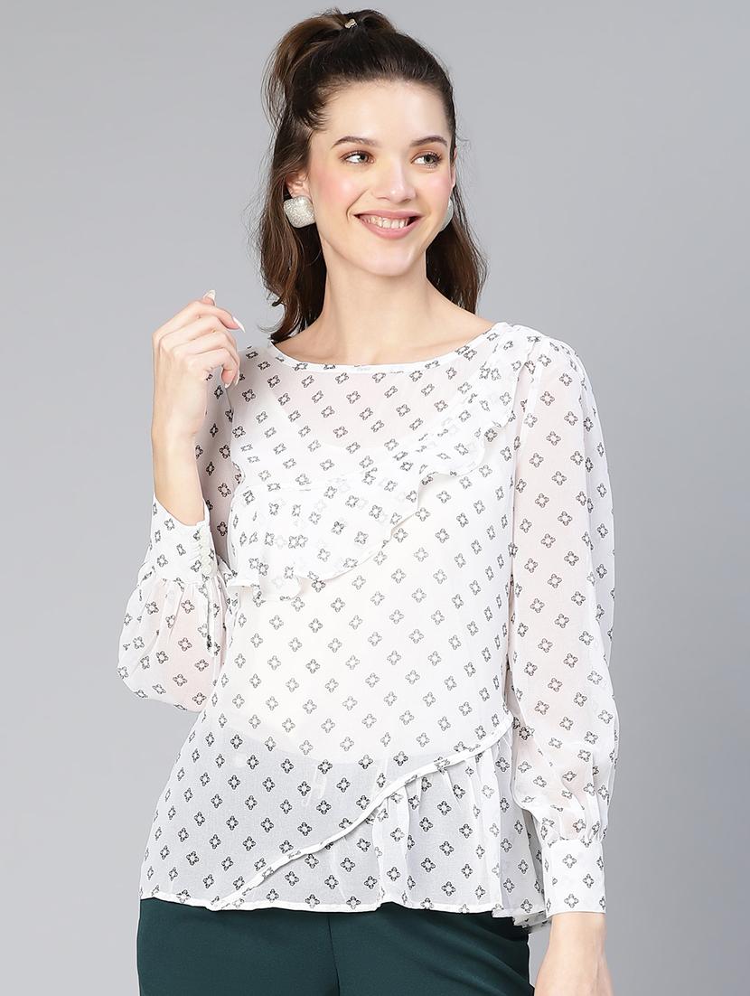women's ruffle round neck top - 19696831 -  Zoom Image - 0