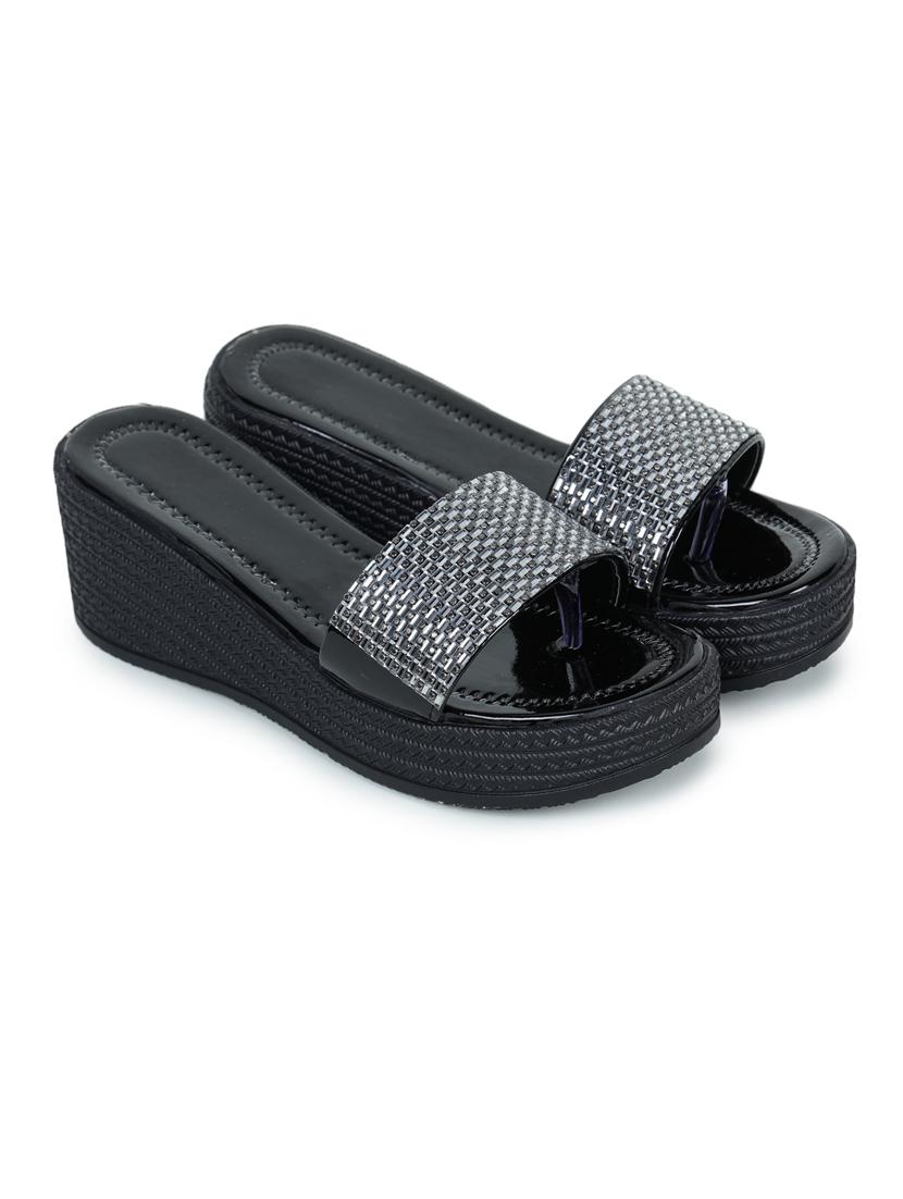 black embellished slip on wedge - 19696863 - Standard Image - 1