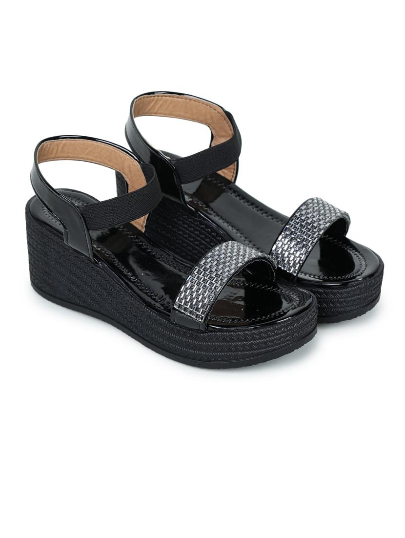 black embellished back strap wedge - 19696871 - Standard Image - 1