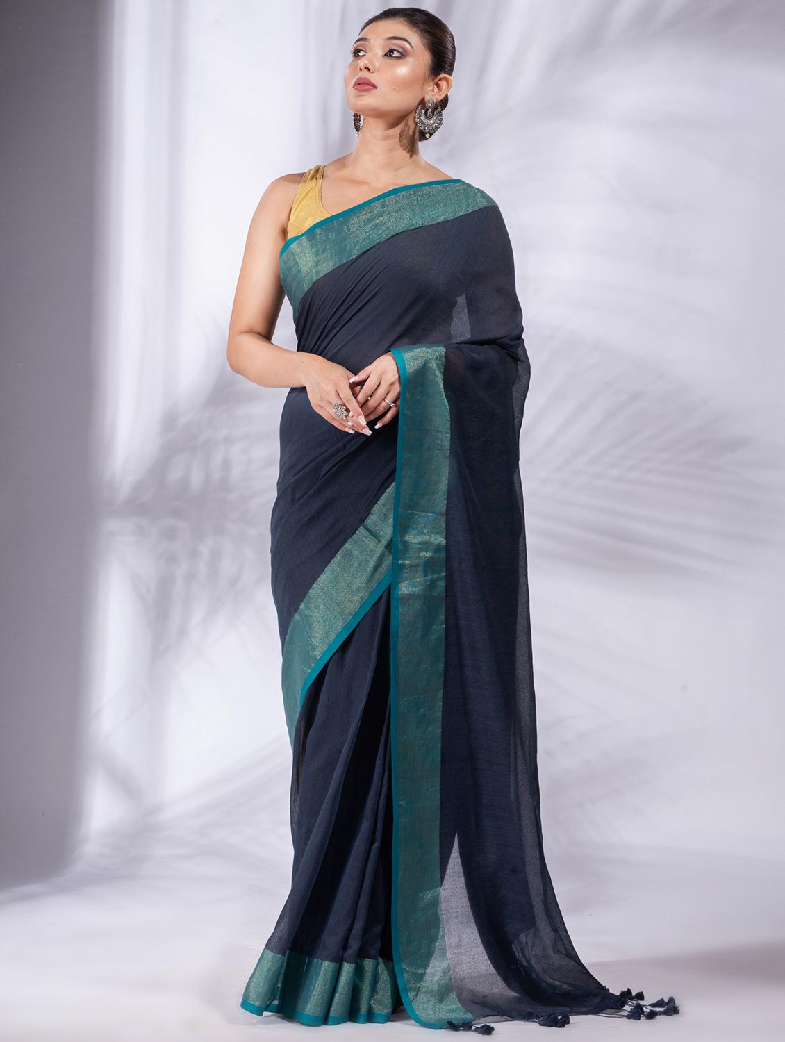 women's bordered navy blue colored saree with blouse - 19697571 - Zoom Image - 0