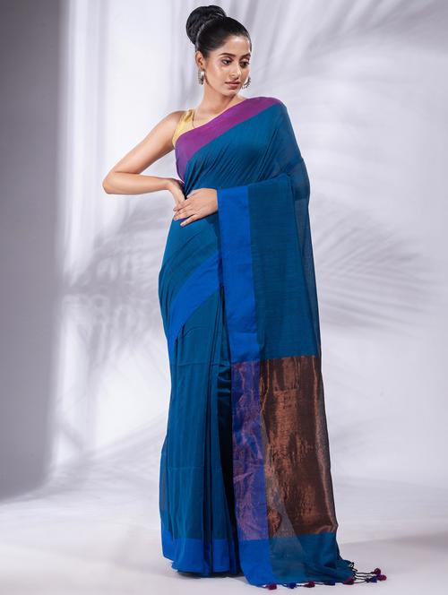 blue cotton saree with blouse - 19697661 - Standard Image - 0
