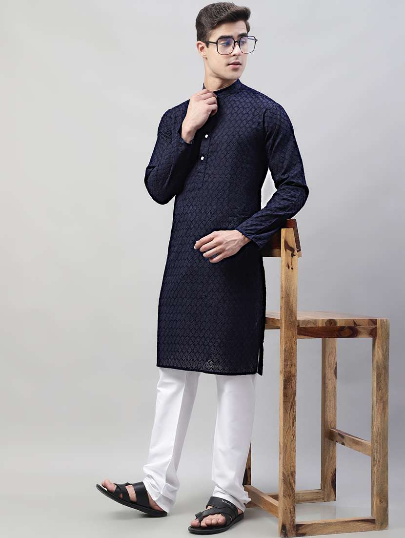 men mandarin collar embroidered kurta pyjama set