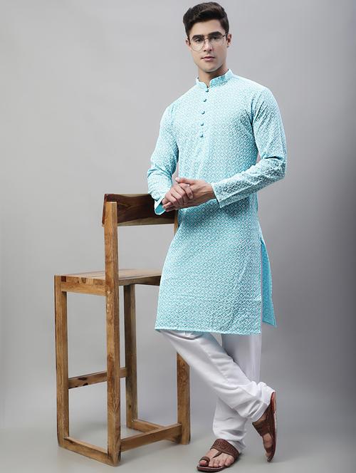 men mandarin collar embroidered kurta pyjama set - 19697795 -  Standard Image - 0