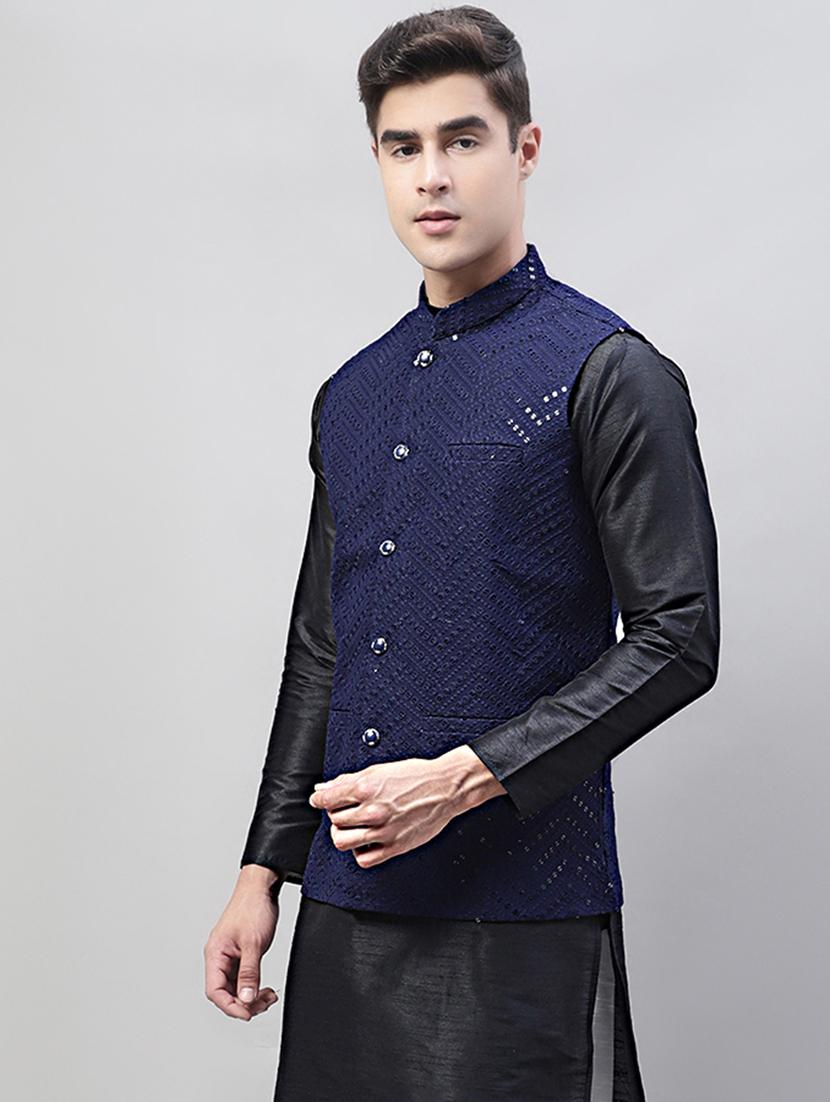mandarin neck sequin work nehru jacket - 19697922 - Standard Image - 1