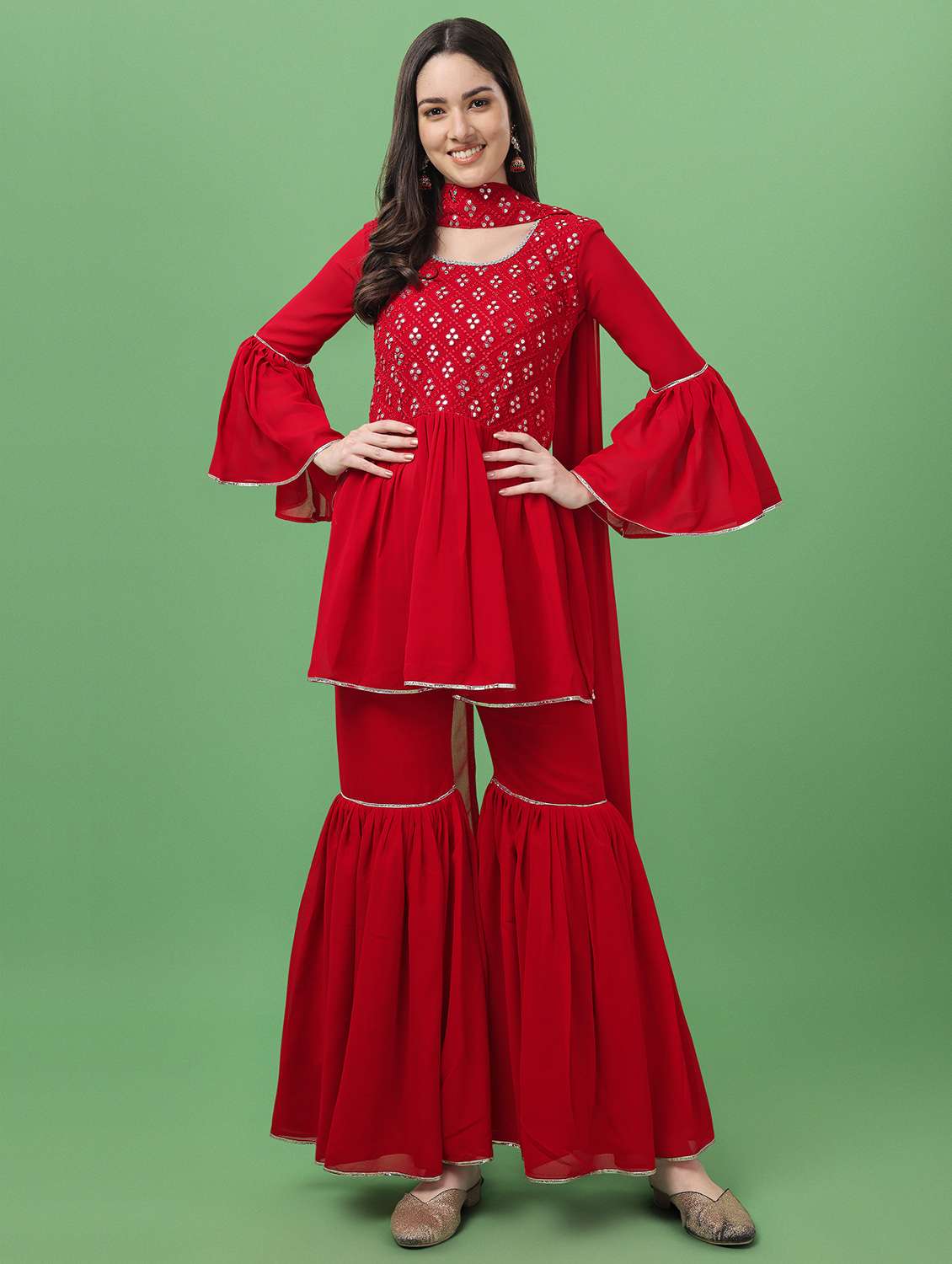 women embroidered kurta sharara set with dupatta