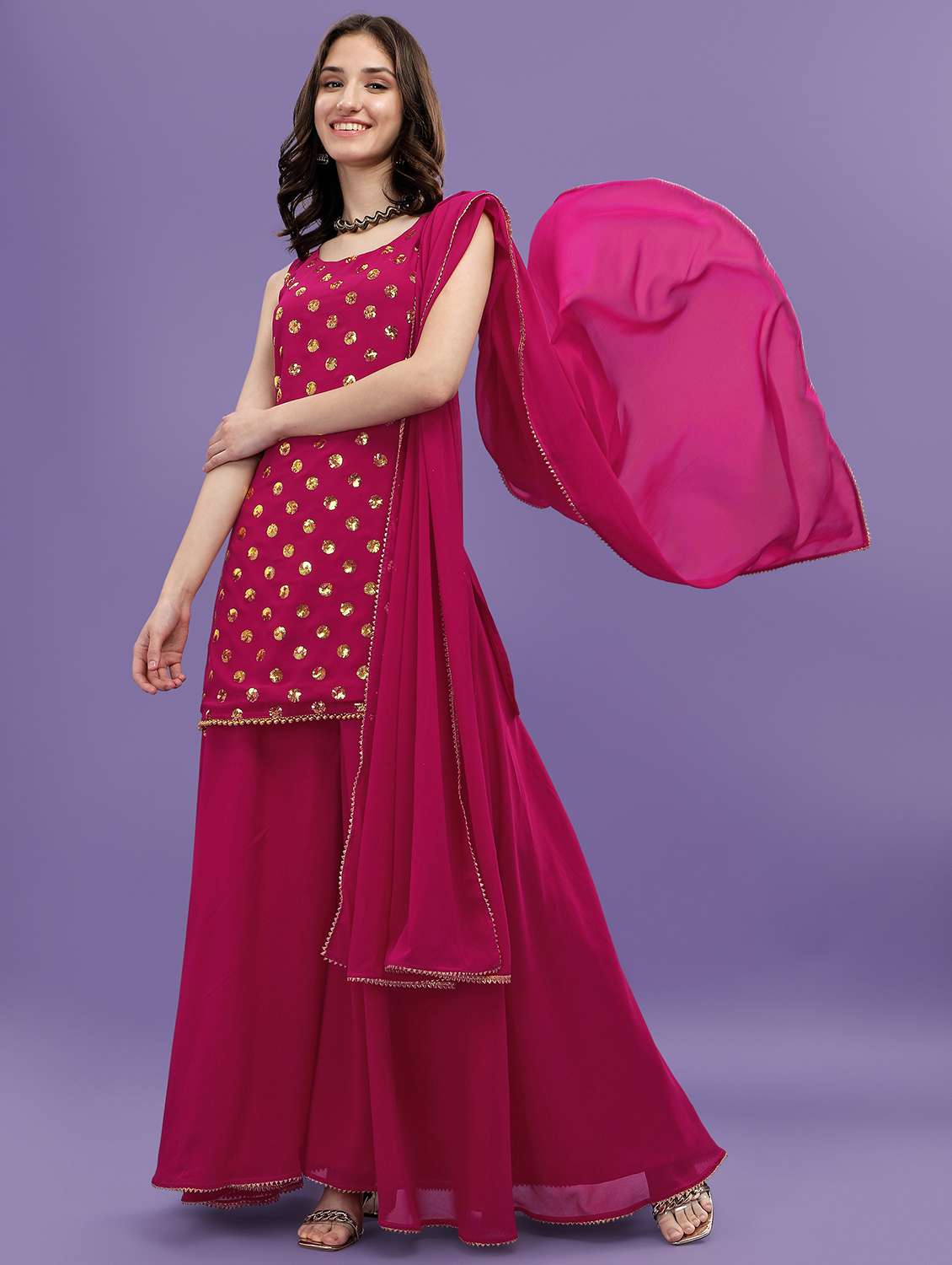women magenta sequined kurta sharara set with dupatta 