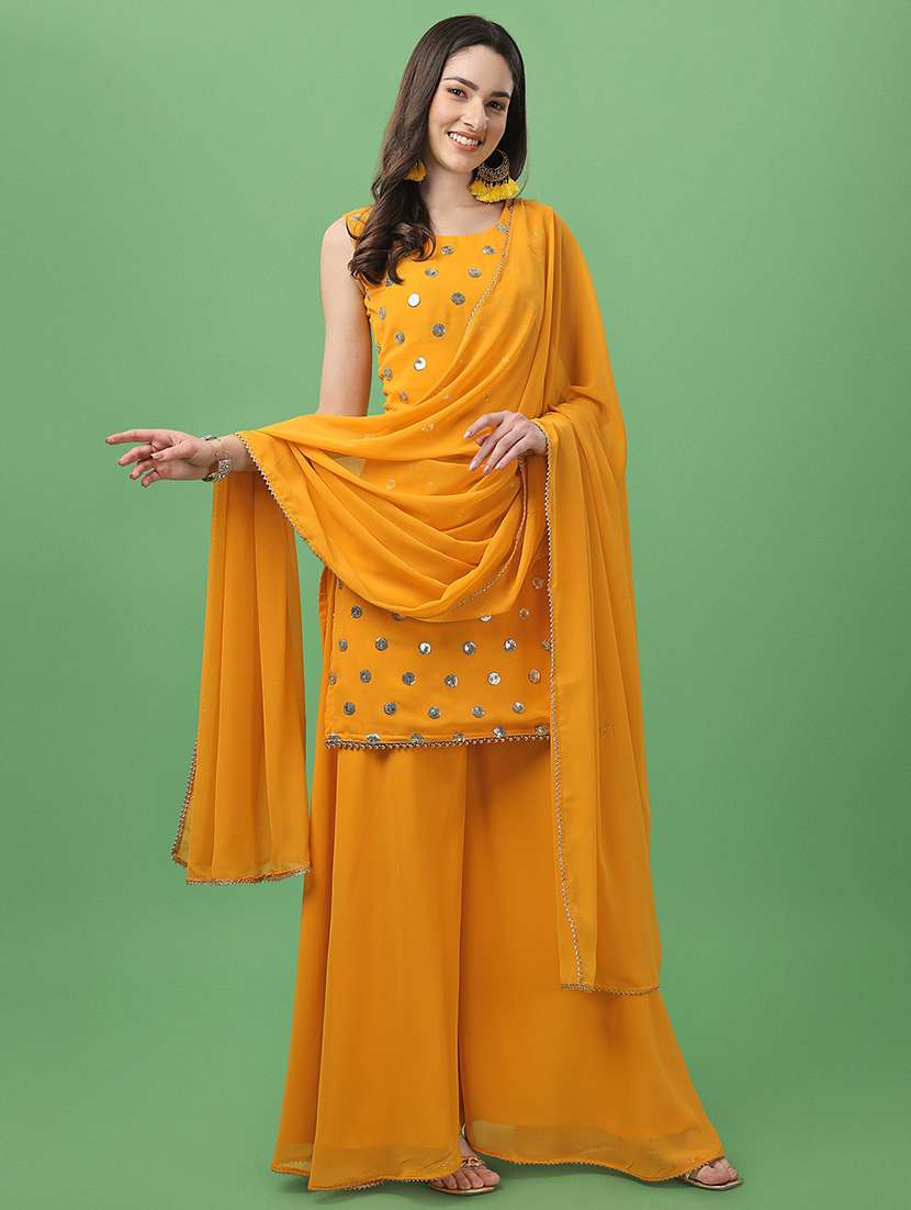 women mustard embroidered sleeveless kurta palazzo with dupatta set