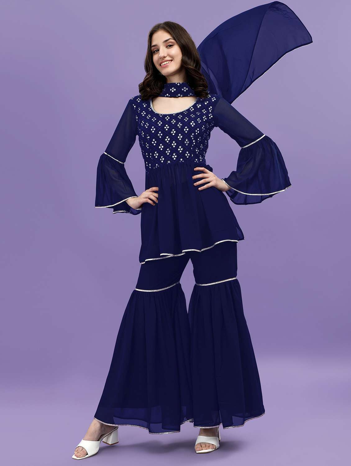 women blue kurta sharara set with dupatta