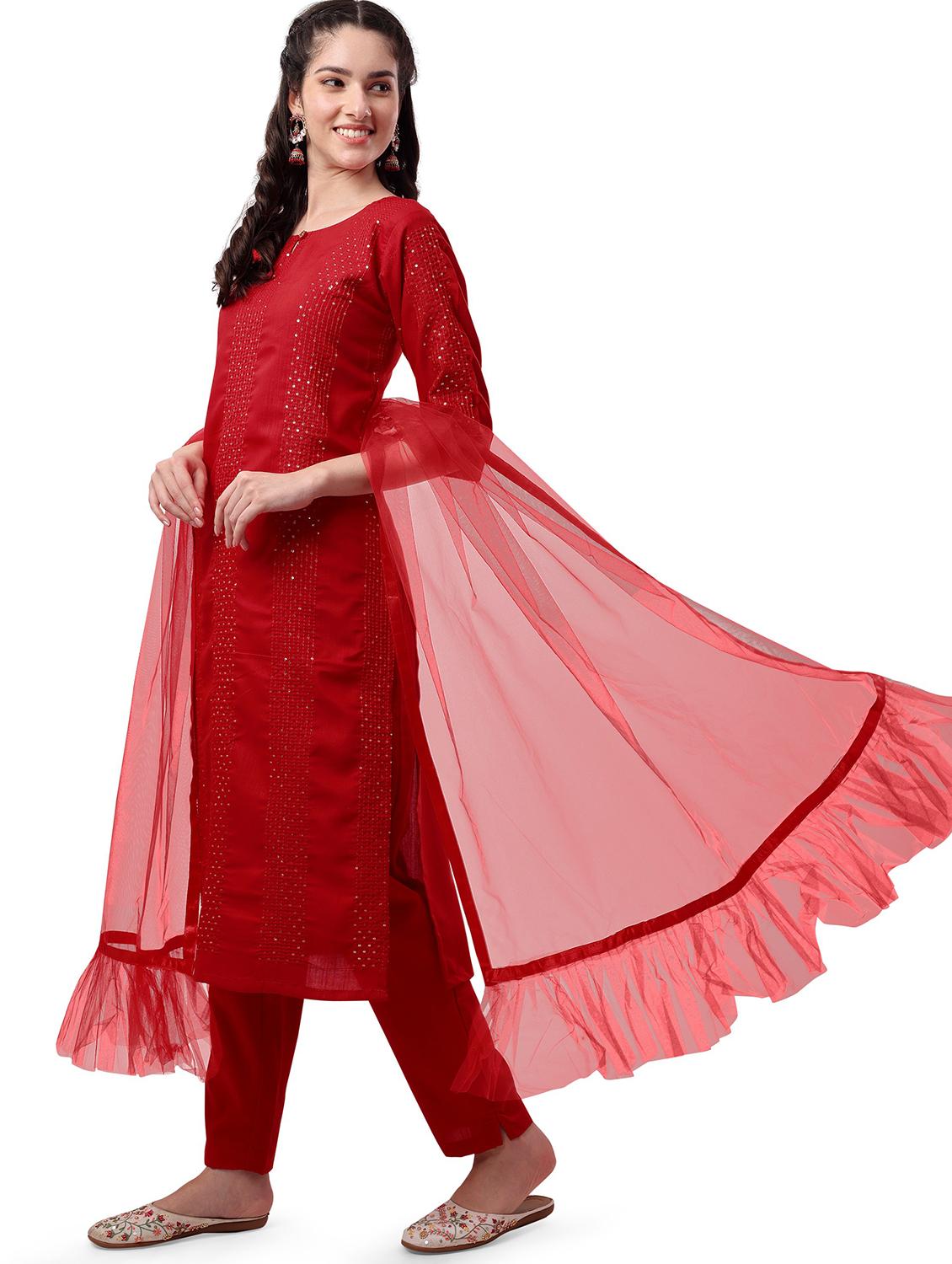red self design embroidered kurta dupatta set - 19698347 -  Standard Image - 1