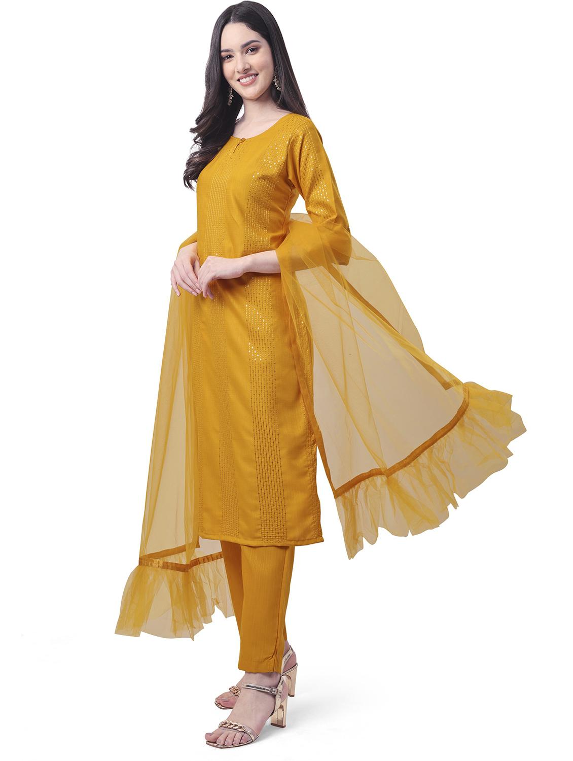 yellow self design embroidered suit set with dupatta - 19698351 - Standard Image - 1