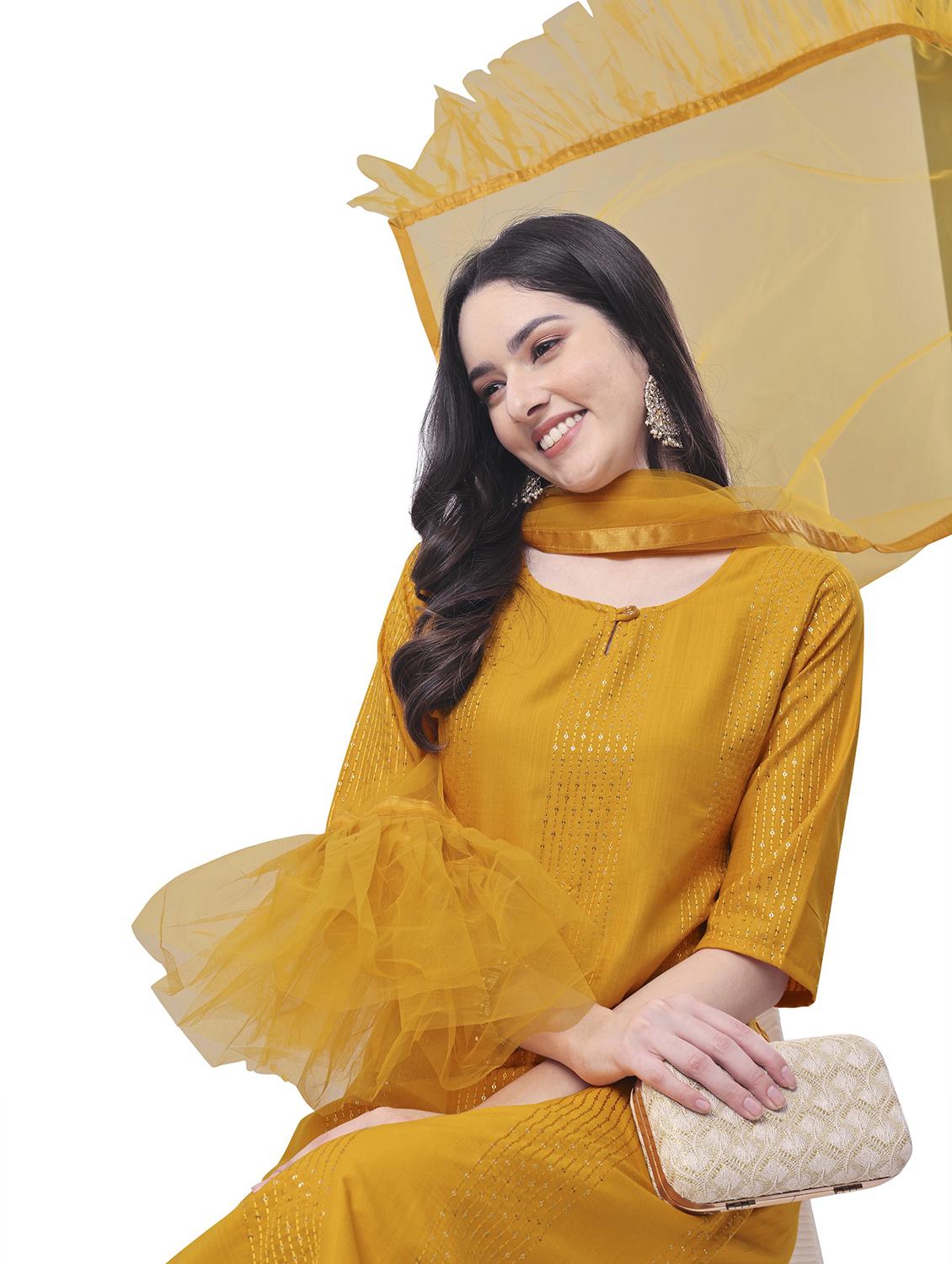 yellow self design embroidered suit set with dupatta - 19698351 - Standard Image - 4