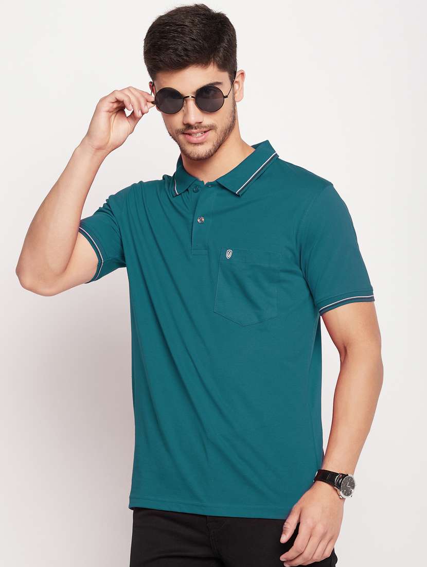 men teal solid regular fit polo t-shirt