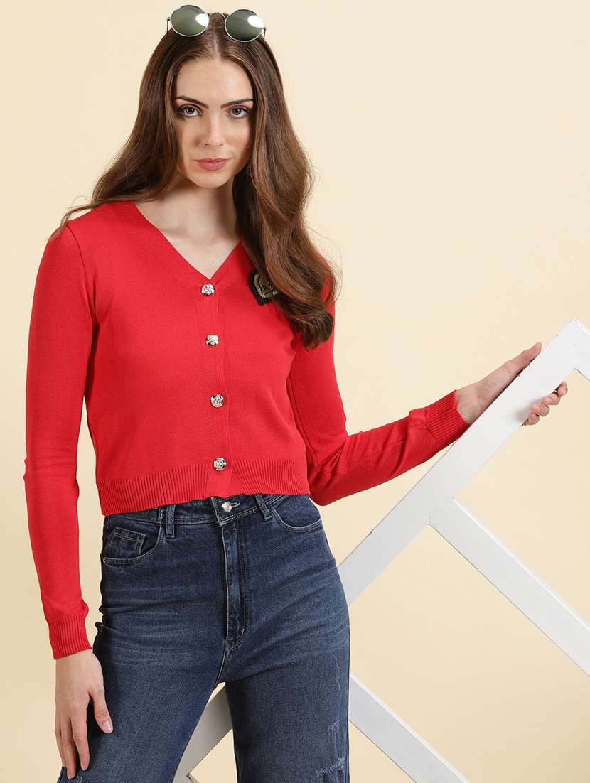 red solid v neck cardigan - 19698898 -  Standard Image - 1